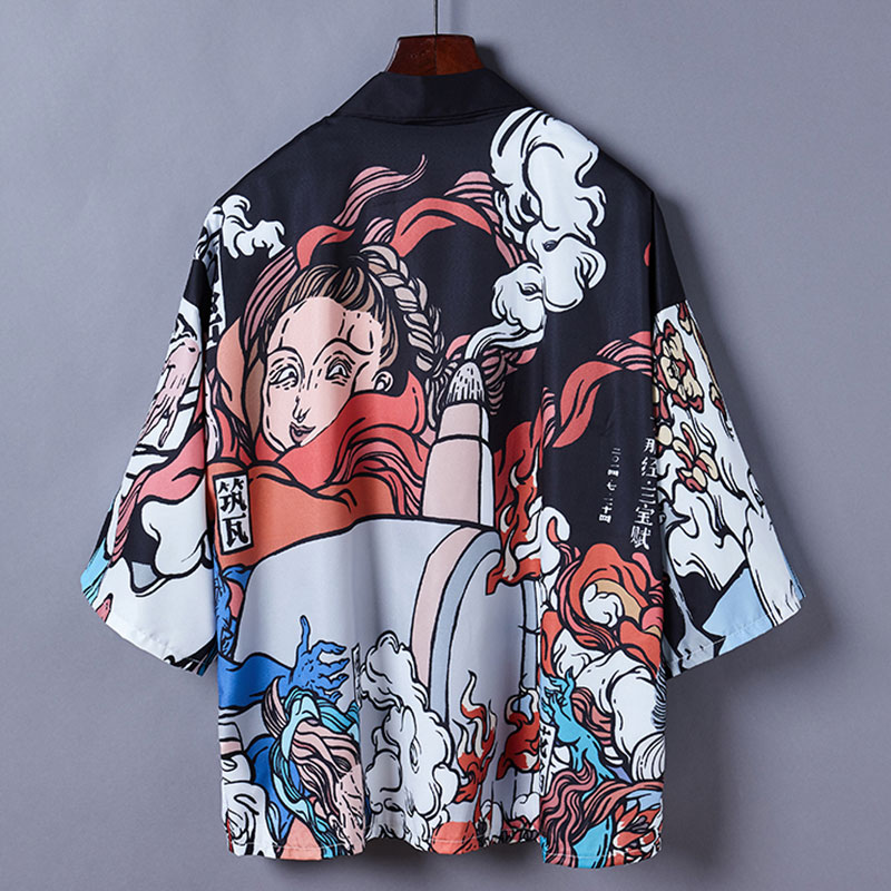 Cartoon Fire Print Casual Vintage Kimono Outerwear Modakawa