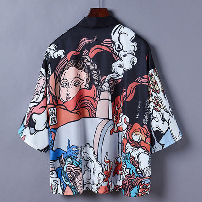 Cartoon Fire Print Casual Vintage Kimono Outerwear Modakawa