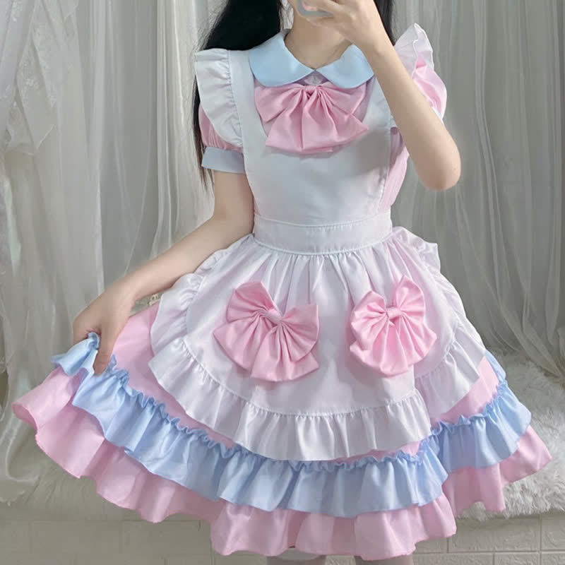 Sweet Pink Bow Knot Ruffled Maid Lolita Dress Modakawa