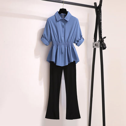 Blue Lapel Chiffon Shirt Flared Split Pants modakawa