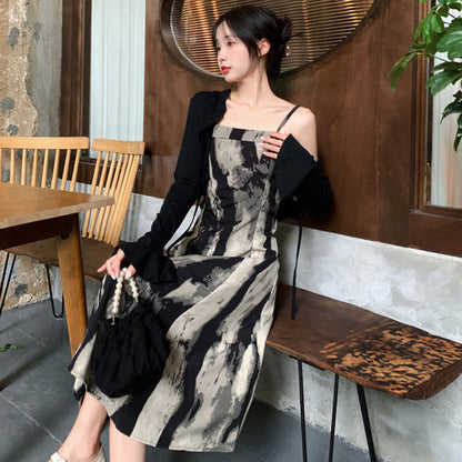 Elegant Black Short Cardigan Ink Painting Print Slip Dress modakawa