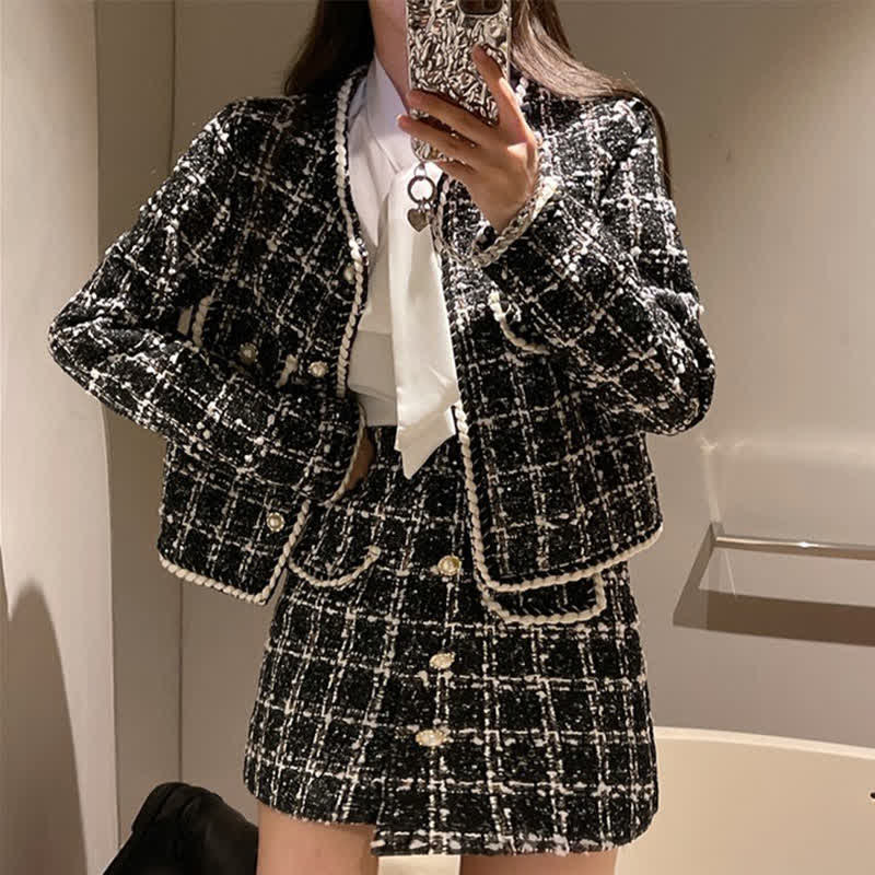 Chic Plaid Print Jacket Shirt High Waist Skirt Set modakawa