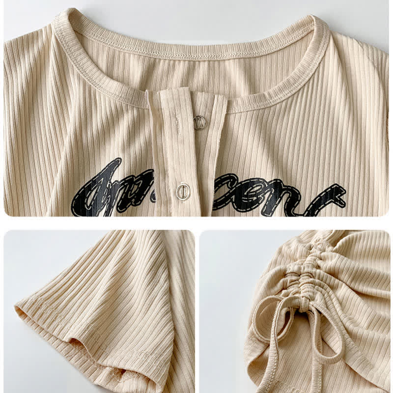 Casual Letter Print Drawstring Crop Top T-Shirt Pocketed Cargo Pants modakawa