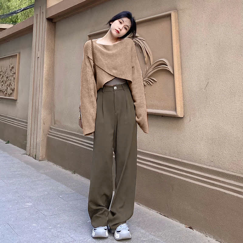 Cross Knit Sweater Lapel Shirt High Waist Pants Set Modakawa