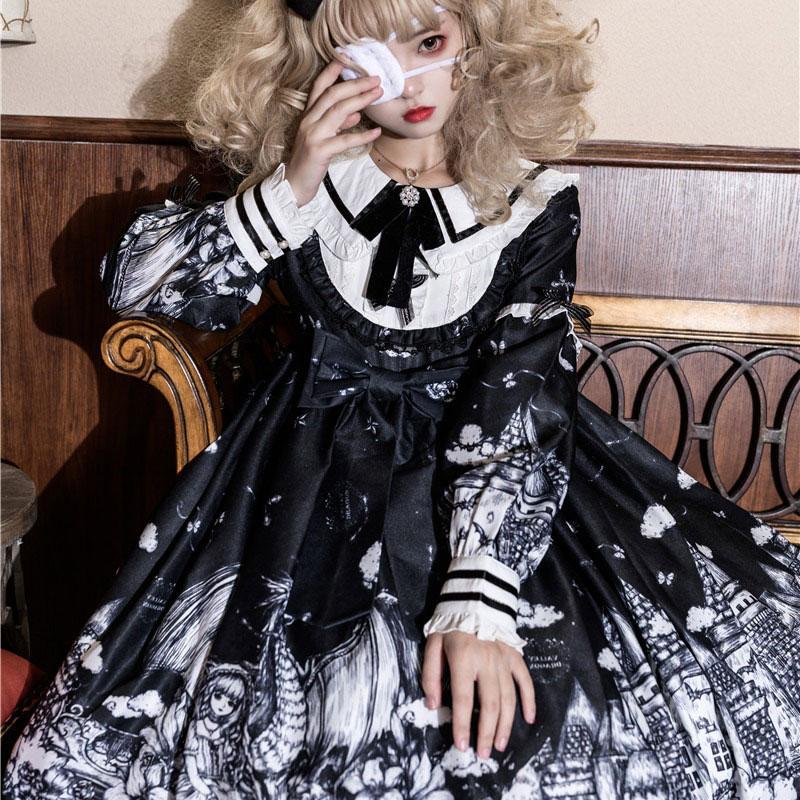 Y2K Gothic Print Bow Ruffle Doll Collar Lolita Dress Modakawa