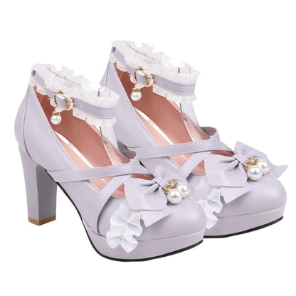 Sweet Bow Decor Lace Chunk Heel Sandals modakawa