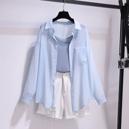 Blue Lapel Shirt Cami Top Ripped Denim Shorts modakawa