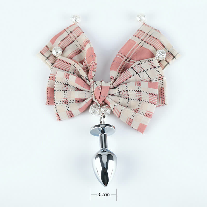 Pink Plaid Bowknot Bell Choker Anal Plug SM Accessories modakawa