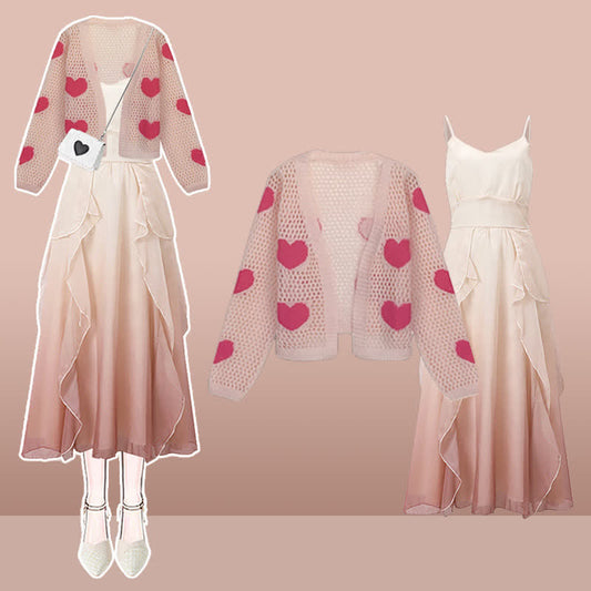 Love Heart Hollow Out Cardigan Flouncing Dress modakawa