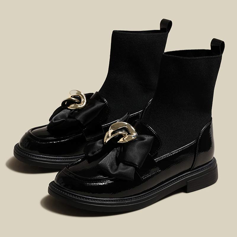 Black Bow Slip-On Leather Sock Boots Modakawa