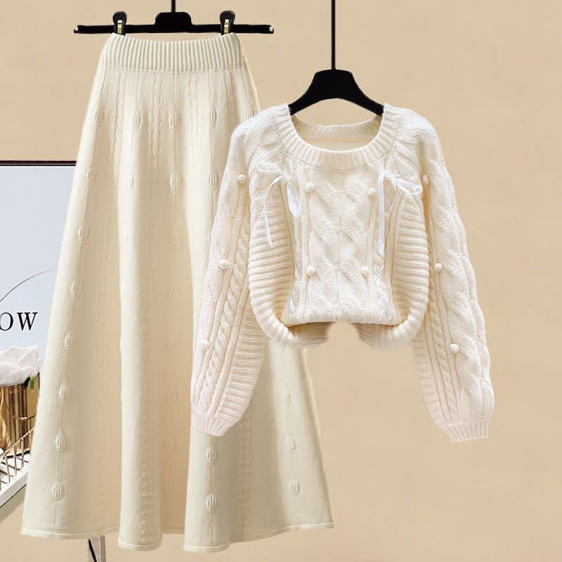 Pills Decor Cable Knit Sweater Skirt Set modakawa