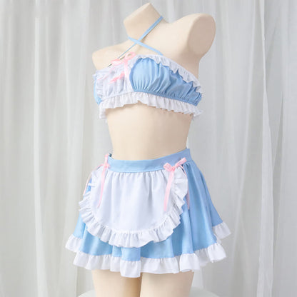 Sweet Blue Lace Up Ruffled Maid Skirt Lingerie Stockings Set Modakawa