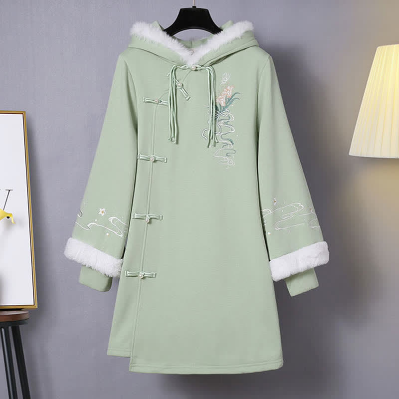 Delicate Flower Embroidery Buckle Plush Hooded Sweatshirt Dress modakawa