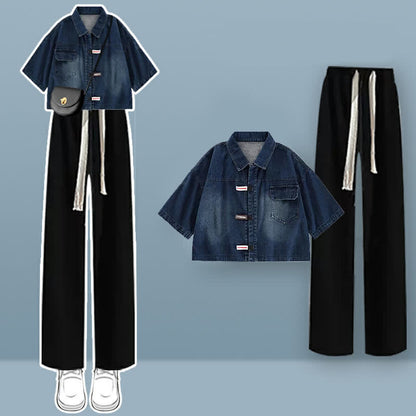 Lapel Denim T-Shirt Drawstring Pants Set modakawa