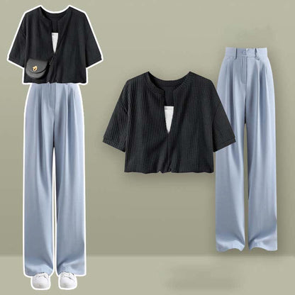 Fake Two Pieces Crop Top T-Shirt Casual Pants Set modakawa