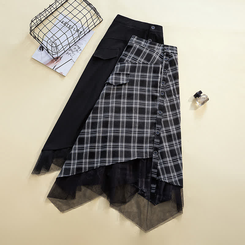 Plaid Shirt Button Front Tulle Skirt modakawa