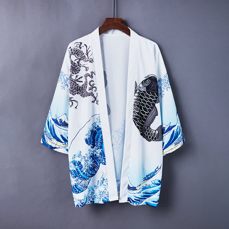 Vintage Wave Carp Print Casual Cardigan Kimono Outerwear modakawa