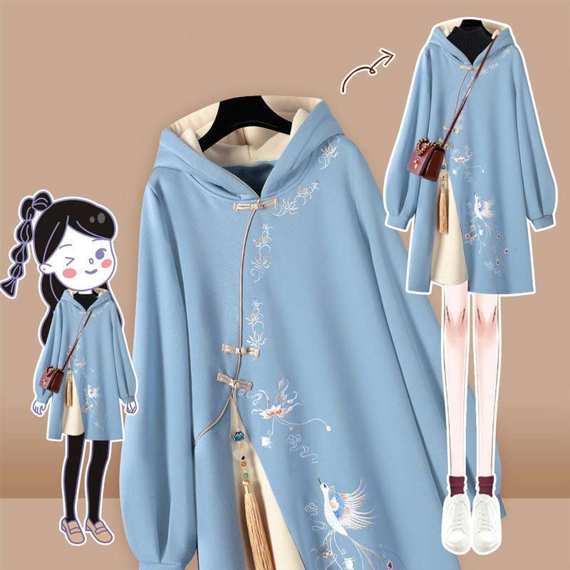 Blue Embroidery Loose Hoodie Vintage Sweatshirt Dress Modakawa