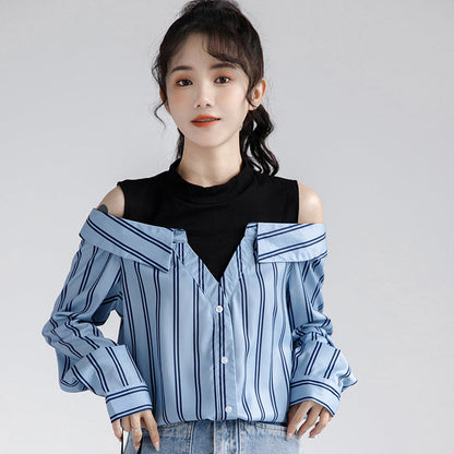 Fake Two Piece Striped Strapless Shirt Modakawa