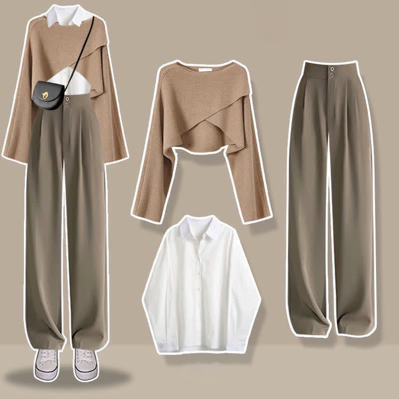 Cross Knit Sweater Lapel Shirt High Waist Pants Set Modakawa