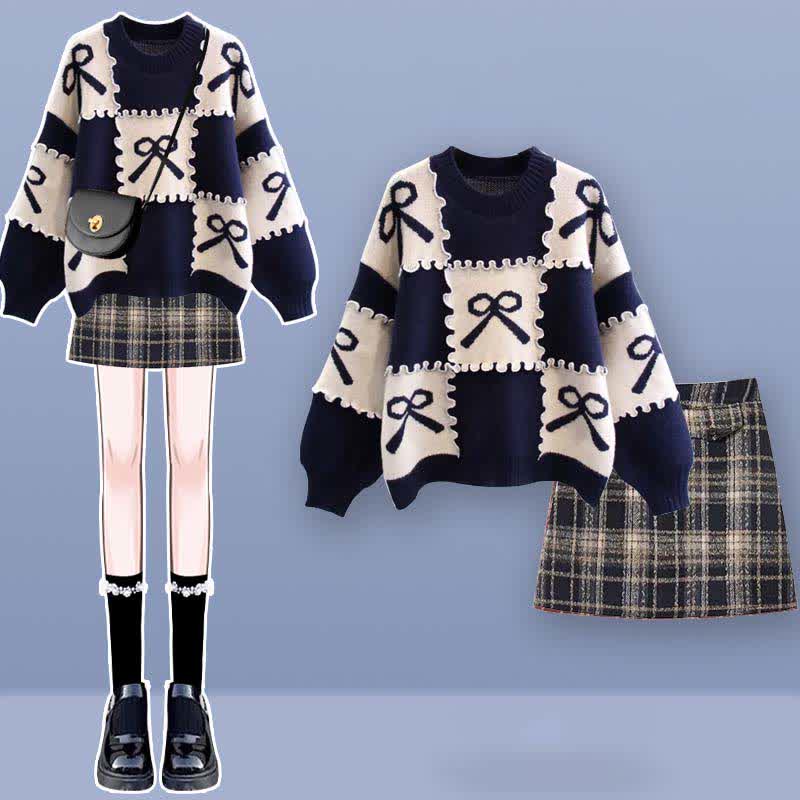 Bow Knot Print Sweater Plaid Pleated Skirt Set modakawa