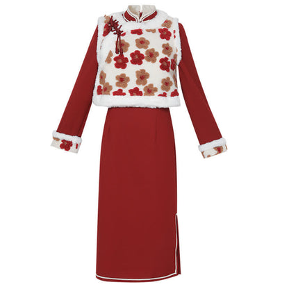 Red Flowers Buckle Vest Bowknot Cheongsam Dress modakawa