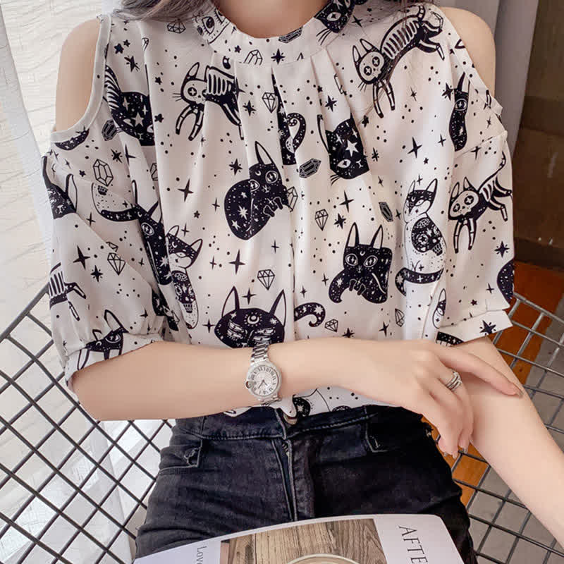 Kitty Print Cold Shouder Chiffon Shirt Casual Denim Shorts modakawa