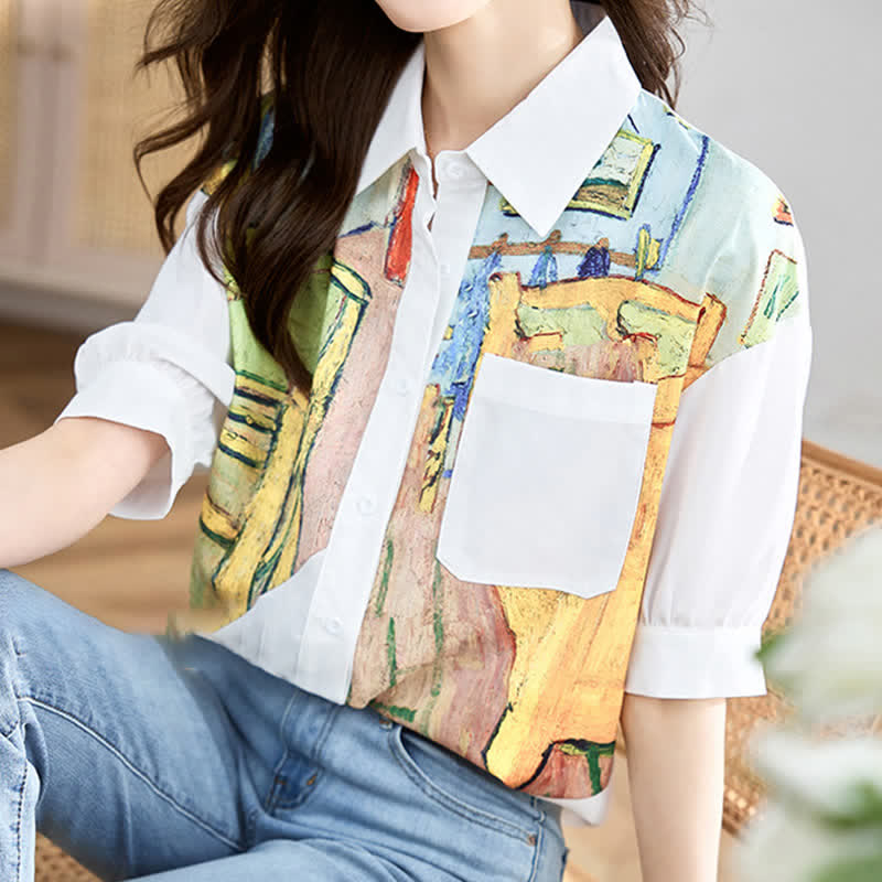 Colorblock Painting Print Pocket Lapel Shirt modakawa