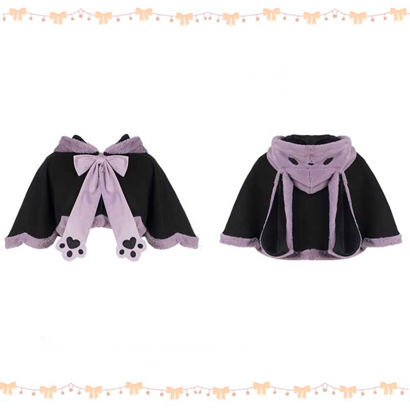 Purple Long Bunny Ears Hooded Bowknot Plush Short Cape modakawa