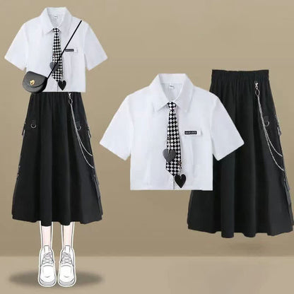 Love Heart Lattice Tie Polo T-Shirt Chain Cargo Skirt modakawa