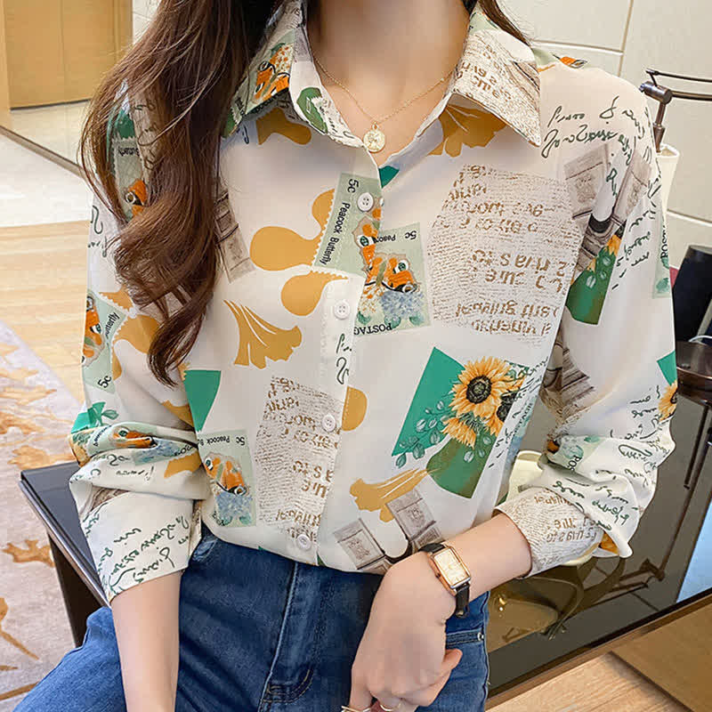 Chic Floral Letter Print Chiffon Shirt Workwear modakawa