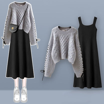 Sweet Cable Sweater Knit Slip Dress Set modakawa