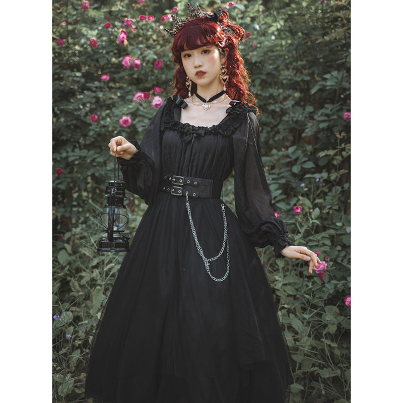 Black Chain Belt Long Sleeve Slip Lolita Dress modakawa