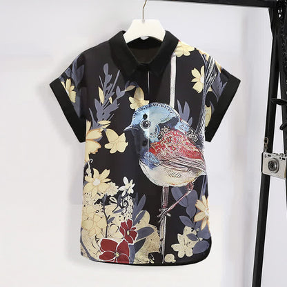 Bird Floral Print Chiffon T-Shirt Casual Shorts modakawa