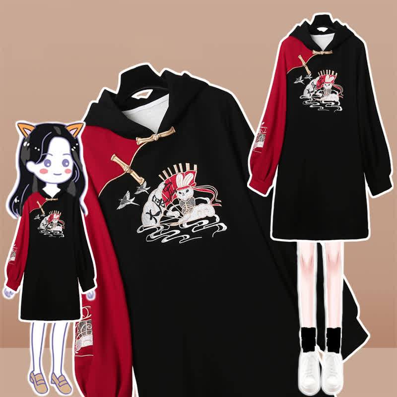 Bunny Red Colorblock Plush Hooded Sweatshirt Dress modakawa