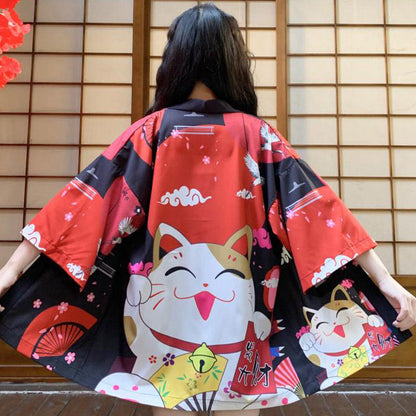 Red Anime Lucky Cat Cardigan Kimono Outerwear modakawa