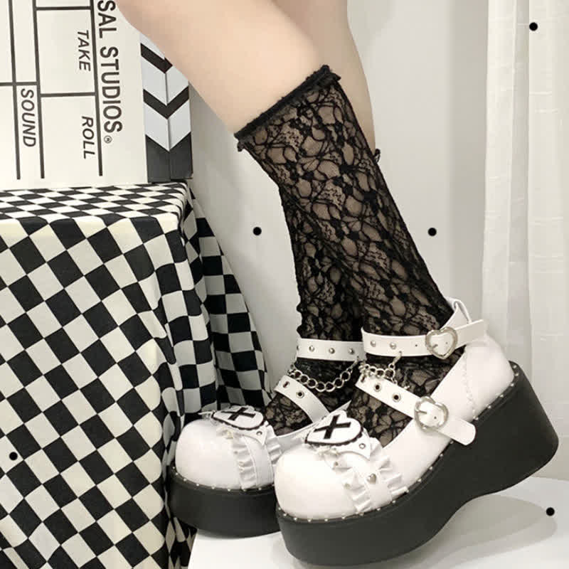 Sweet Punk Cross Love Heart Chain Strap Buckle Platform Shoes modakawa