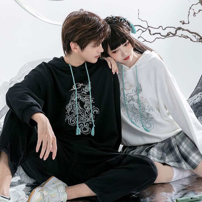 Couple Deer Embroidery Loose Hoodie Dress Modakawa