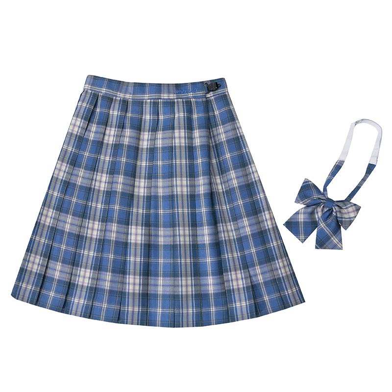 Plaid Print Pleated Skirt Bow Tie Set Modakawa