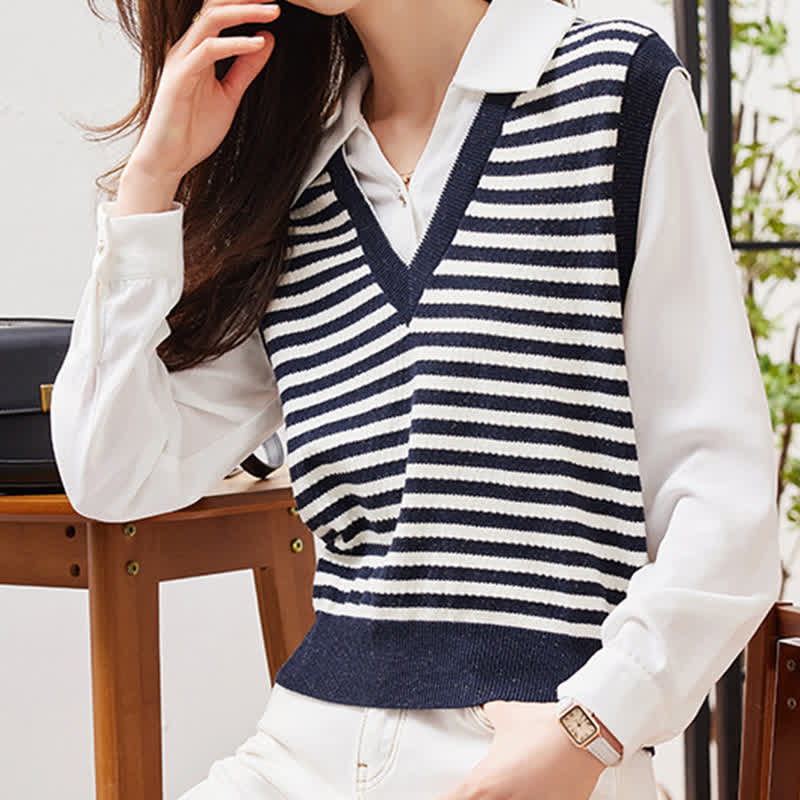 Stripe Fake Two Pieces Knit White Lapel Shirt SpreePicky