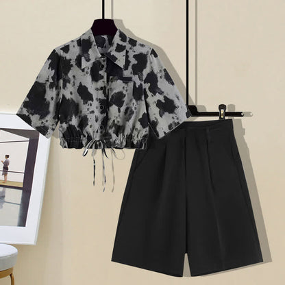 Tie Dye Drawstring T-Shirt Black Shorts modakawa