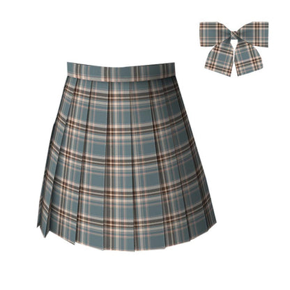 Plaid Print Pleated Skirt Bow Tie Set Modakawa