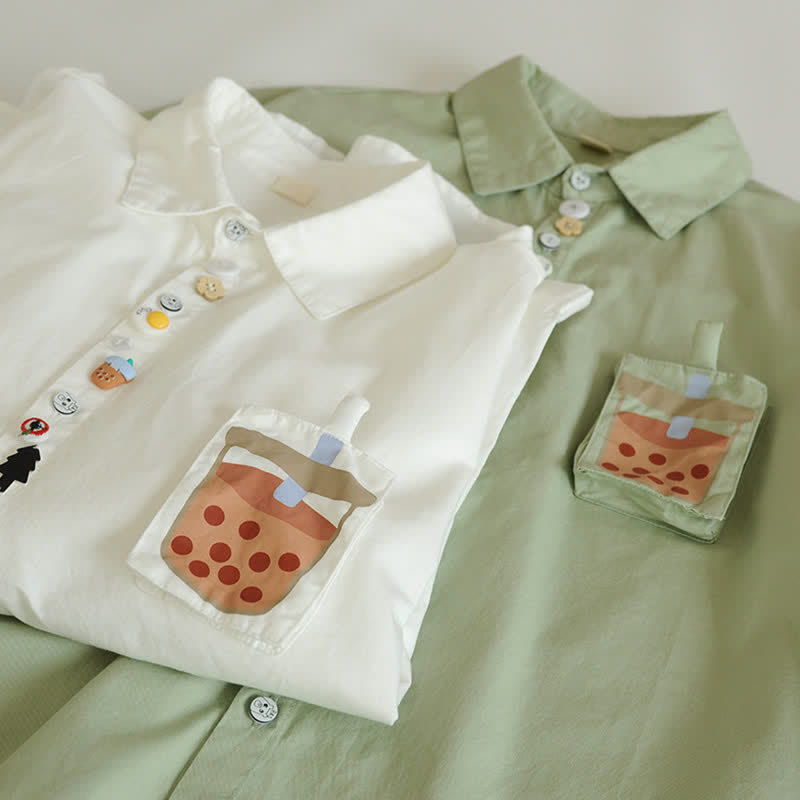 Cartoon Button Milk Tea Print Pocket Lapel Shirt modakawa