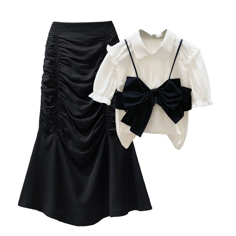 Bow Knot T-Shirt High Waist Ruffled Skirt Set modakawa