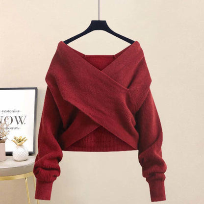 Chic V-neck Cross Knit Sweater Fishtail Skirt modakawa