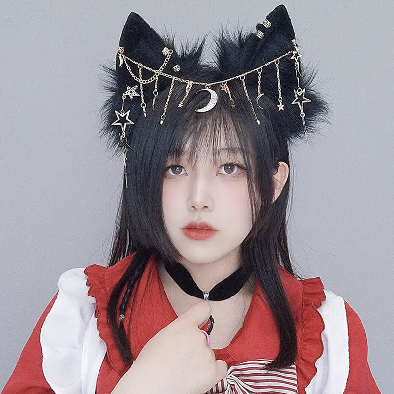 Black Star Moon Chain Fox Ears Furry Headband modakawa