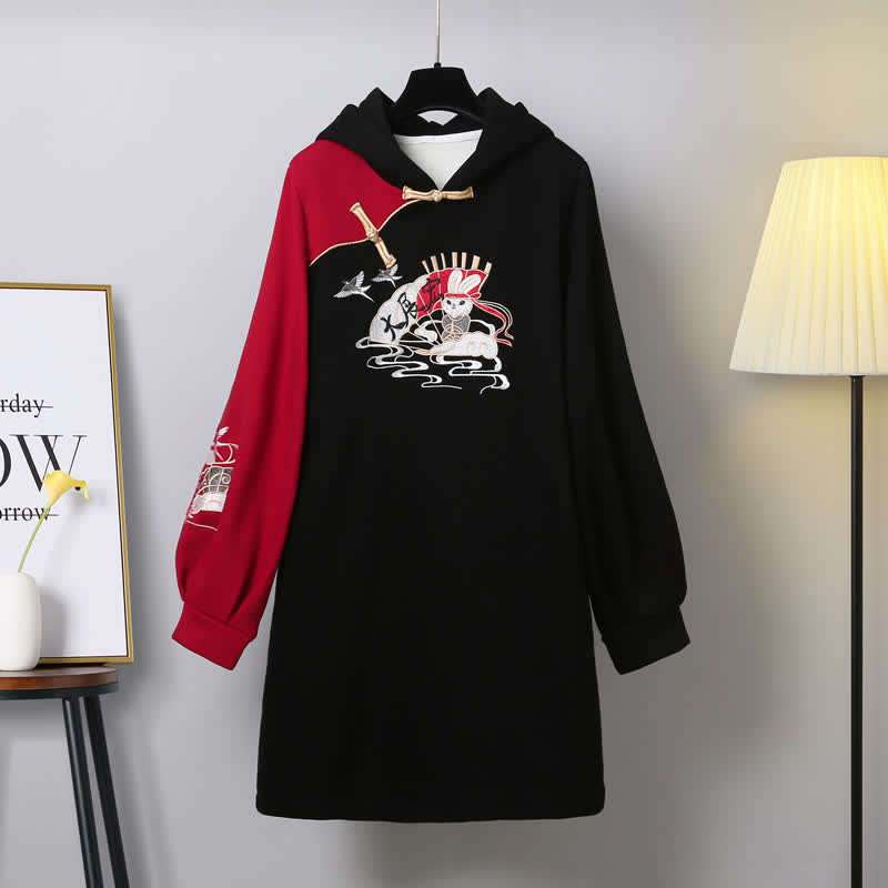 Bunny Red Colorblock Plush Hooded Sweatshirt Dress modakawa