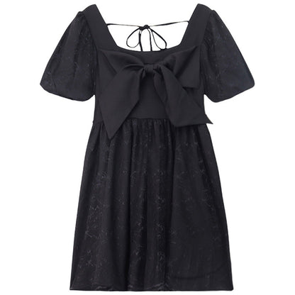 Black Lace Bow Knot Square Collar Tulle Dress modakawa