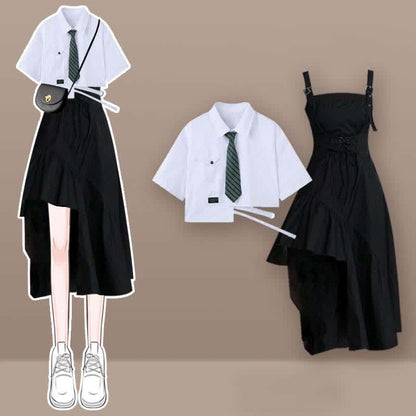 Black Pocket Lapel Tie T-Shirt Irregular Slip Dress Set modakawa