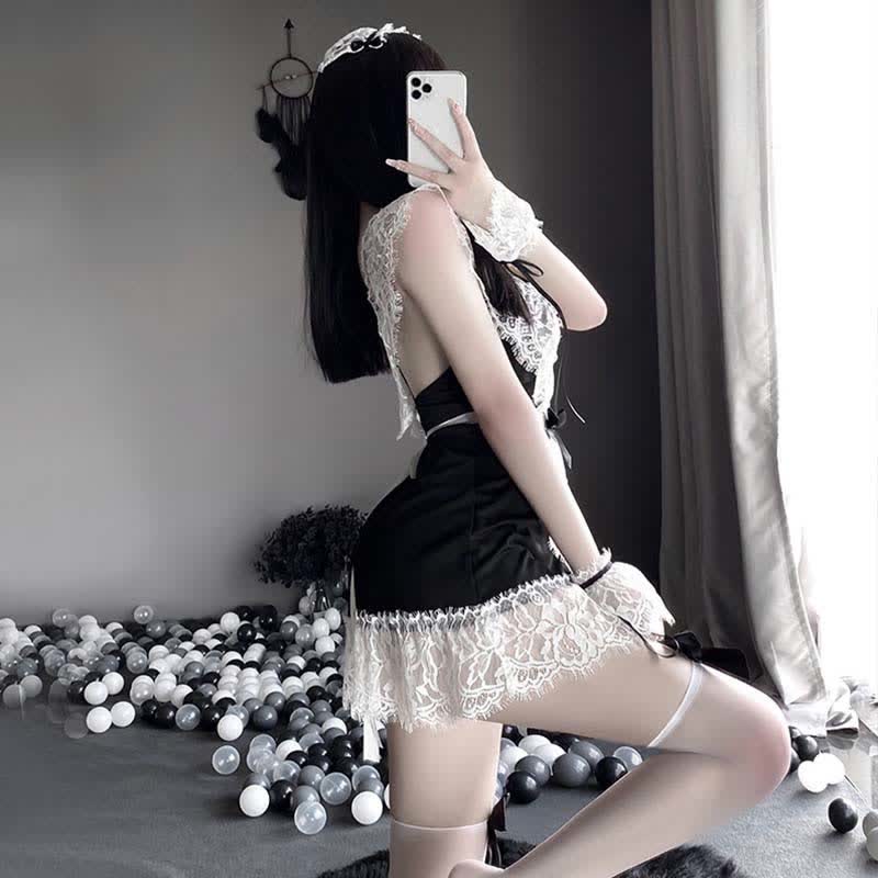 Cosplay Black Bow Maid Deep Lace Lingerie Dress Modakawa